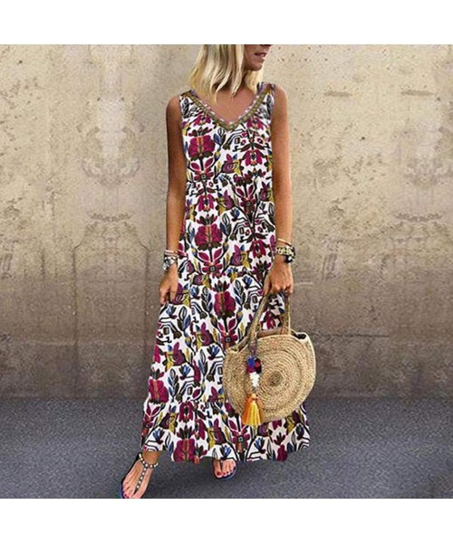 Cover-Ups Women's Dresses-2020 Summer Newest Arrival Plus Size Bohemian O-Neck Floral Vintage Sleeve Long Maxi - Red - CV18UR...