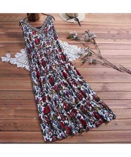 Cover-Ups Women's Dresses-2020 Summer Newest Arrival Plus Size Bohemian O-Neck Floral Vintage Sleeve Long Maxi - Red - CV18UR...