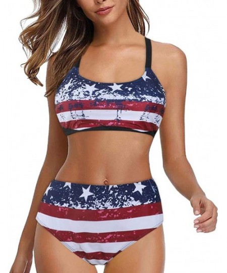 Bottoms Swimsuits for Women Two Piece Bathing Suits-American Flag Print Bathing Top Ruffled with High Waisted Bottom Bikini S...