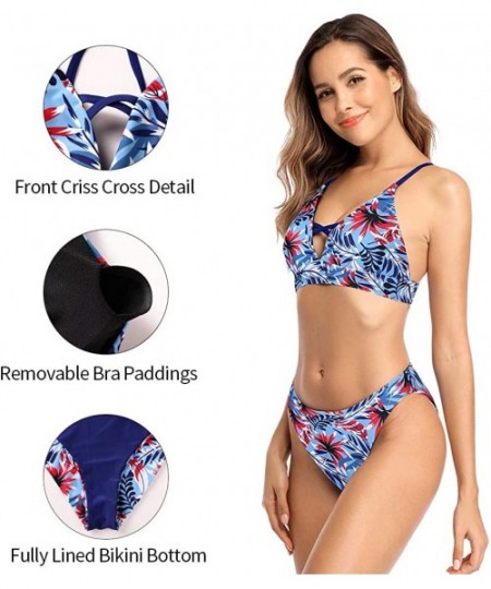 Sets Women Printed Bikini Swimsuit Lace Up Bathing Suits Two Piece Swimwear - Blue/Floral Pattern - CX199QRO029