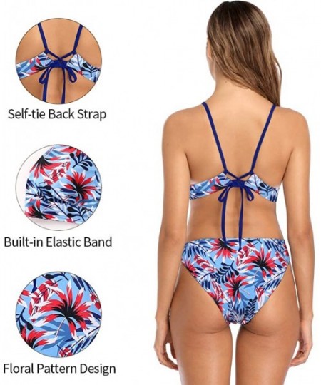 Sets Women Printed Bikini Swimsuit Lace Up Bathing Suits Two Piece Swimwear - Blue/Floral Pattern - CX199QRO029