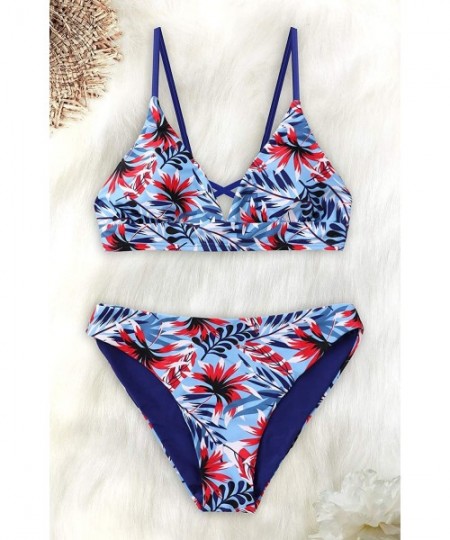 Sets Women Printed Bikini Swimsuit Lace Up Bathing Suits Two Piece Swimwear - Blue/Floral Pattern - CX199QRO029