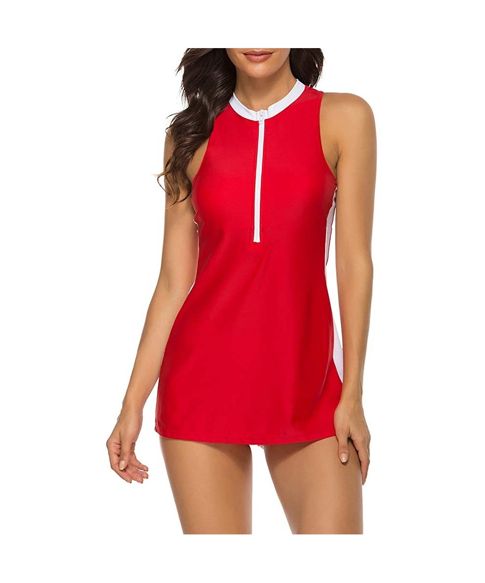 One-Pieces Womens Two Piece Slimming Swimdress Racerback Sport Tankini Swimsuit - Red - CO194ZXC9AU