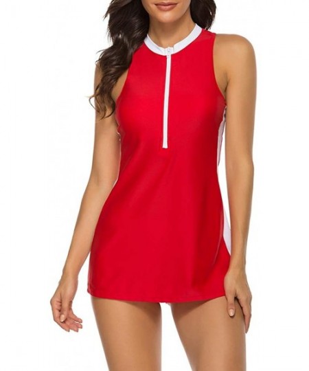 One-Pieces Womens Two Piece Slimming Swimdress Racerback Sport Tankini Swimsuit - Red - CO194ZXC9AU