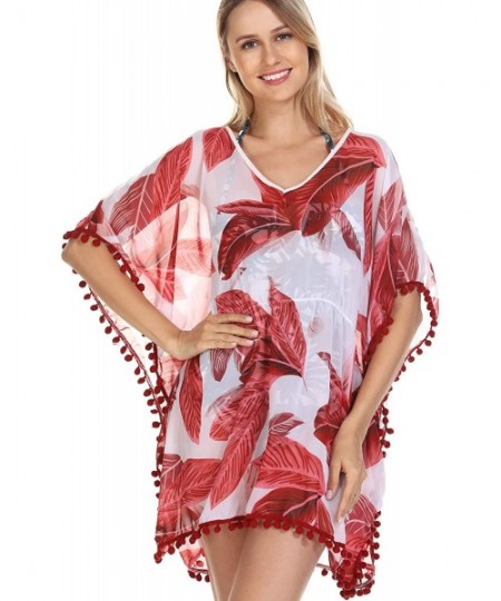 Cover-Ups Women's Chiffon Tassel Swimsuit Beach Bathing Suit Cover Ups Beachwear - Red Print - CC19464CGQR