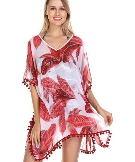 Cover-Ups Women's Chiffon Tassel Swimsuit Beach Bathing Suit Cover Ups Beachwear - Red Print - CC19464CGQR