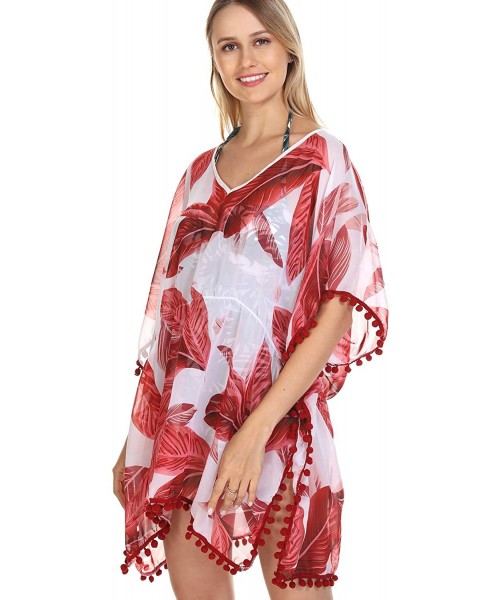 Cover-Ups Women's Chiffon Tassel Swimsuit Beach Bathing Suit Cover Ups Beachwear - Red Print - CC19464CGQR