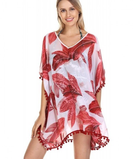 Cover-Ups Women's Chiffon Tassel Swimsuit Beach Bathing Suit Cover Ups Beachwear - Red Print - CC19464CGQR