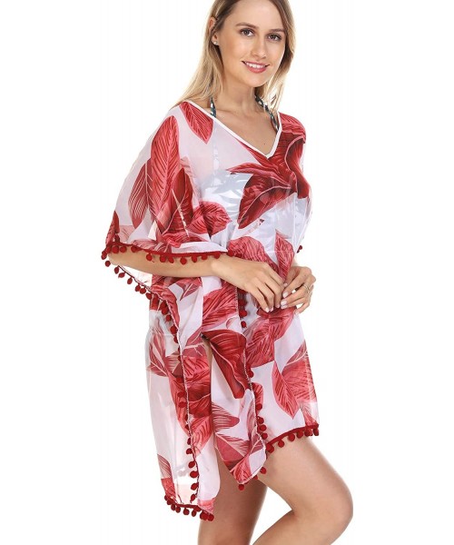 Cover-Ups Women's Chiffon Tassel Swimsuit Beach Bathing Suit Cover Ups Beachwear - Red Print - CC19464CGQR