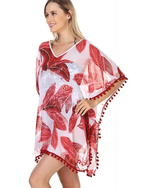 Cover-Ups Women's Chiffon Tassel Swimsuit Beach Bathing Suit Cover Ups Beachwear - Red Print - CC19464CGQR