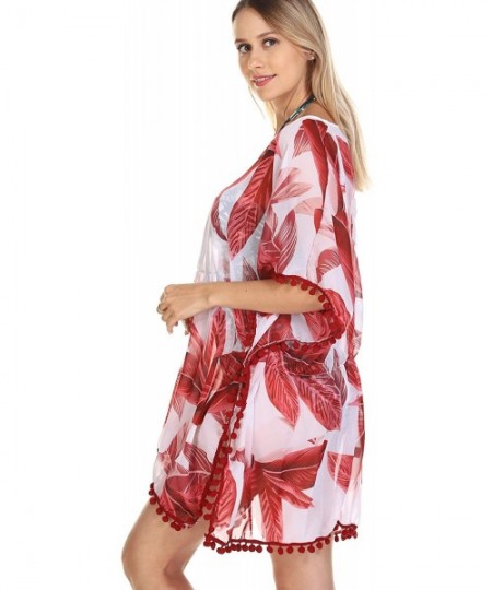 Cover-Ups Women's Chiffon Tassel Swimsuit Beach Bathing Suit Cover Ups Beachwear - Red Print - CC19464CGQR