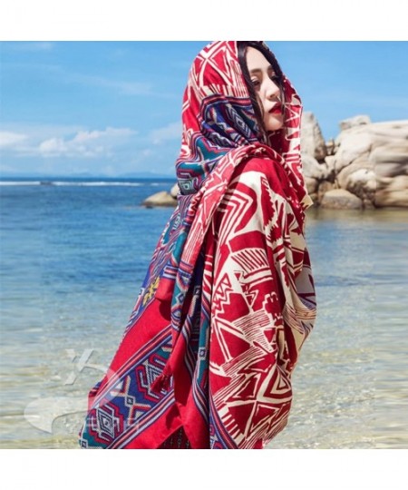 Cover-Ups Women Boho Shawl Beach Towels Rectangle Polyester Scarf Travel Sarong Wrap Swimwear Cover Up Beach Mats Red Geometr...