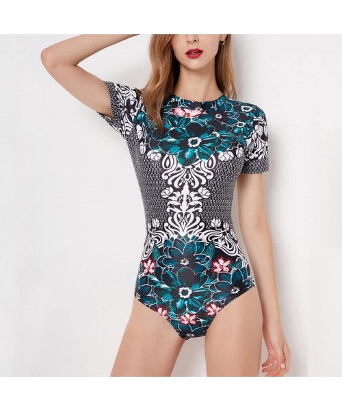 One-Pieces Womens Zip Front Printed Short Sleeve One Piece Swimsuit Swimwear - 9052 - C218OX0ZD8W