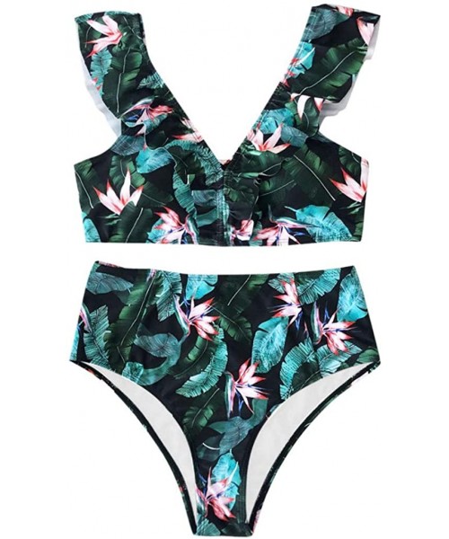 Sets Two Piece Bikini Set for Women Vintage Flounce Swimwear Floral Print Halter Cutout High Waisted Racerback Swimsuit - Gre...