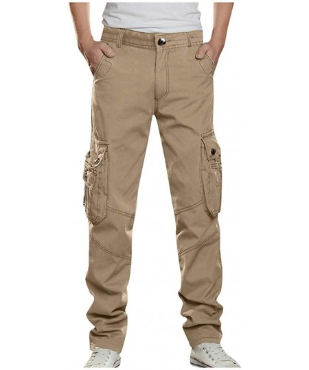 Rash Guards Men's Casual Outdoors Solid Work Trousers Multi-Pocket Long Pants Workout Running Sweatpants - Khaki - CK192KEKEM8