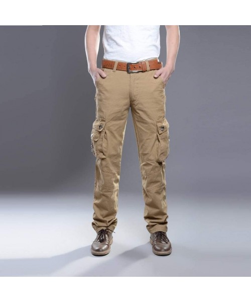 Rash Guards Men's Casual Outdoors Solid Work Trousers Multi-Pocket Long Pants Workout Running Sweatpants - Khaki - CK192KEKEM8