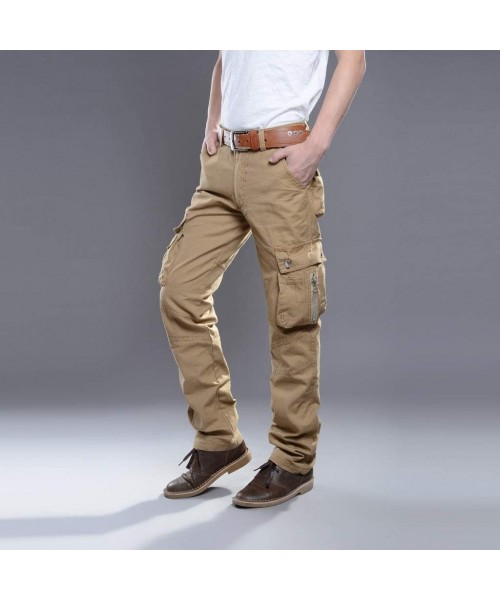 Rash Guards Men's Casual Outdoors Solid Work Trousers Multi-Pocket Long Pants Workout Running Sweatpants - Khaki - CK192KEKEM8