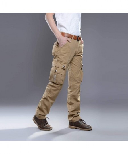 Rash Guards Men's Casual Outdoors Solid Work Trousers Multi-Pocket Long Pants Workout Running Sweatpants - Khaki - CK192KEKEM8