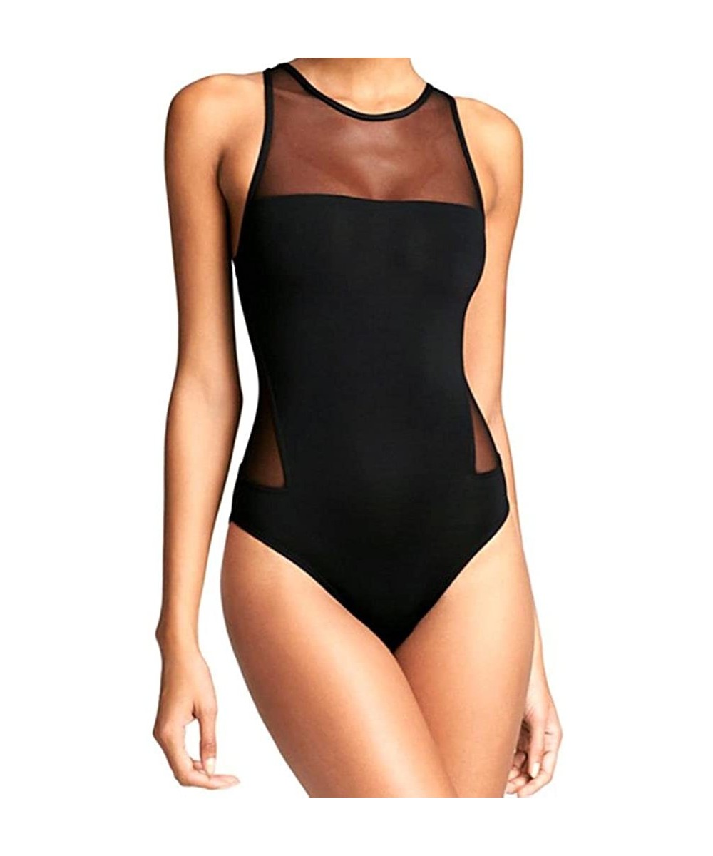 One-Pieces Women Sexy One Piece Swimsuit Mesh Open Back Hollow Out Padded Bathing Suit Swimwear Monokini - Black - CY18CO8K8GE