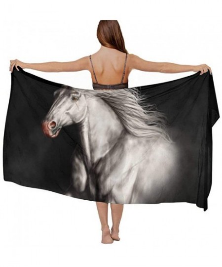 Cover-Ups Women Girls Fashion Chiffon Beach Bikini Cover Up Sunscreen Wrap Scarves - White Running Wild Horse Black - C4190HH...