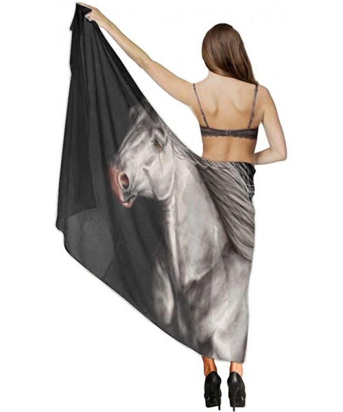 Cover-Ups Women Girls Fashion Chiffon Beach Bikini Cover Up Sunscreen Wrap Scarves - White Running Wild Horse Black - C4190HH...