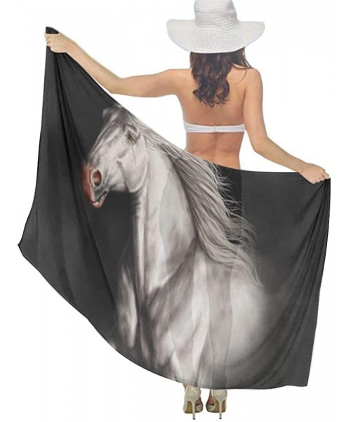 Cover-Ups Women Girls Fashion Chiffon Beach Bikini Cover Up Sunscreen Wrap Scarves - White Running Wild Horse Black - C4190HH...