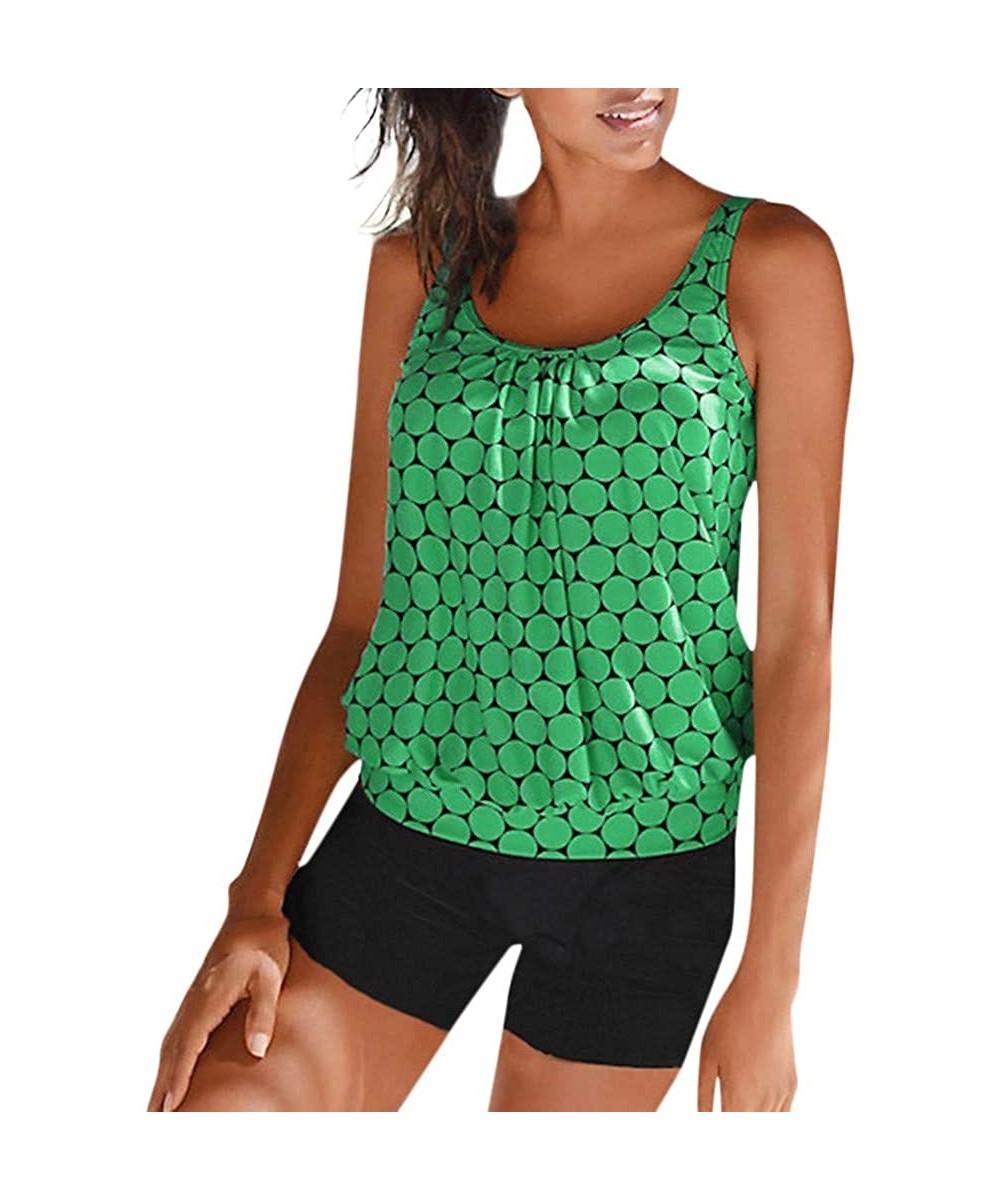 Sets Women Modest Two Piece Swimsuit Tank Polka dots Print Slimming Tankini Set with Boyleg Swimwear - Green - CU1955ZOETN