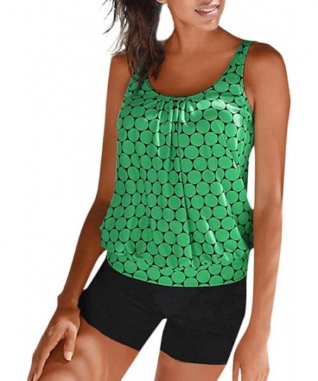 Sets Women Modest Two Piece Swimsuit Tank Polka dots Print Slimming Tankini Set with Boyleg Swimwear - Green - CU1955ZOETN