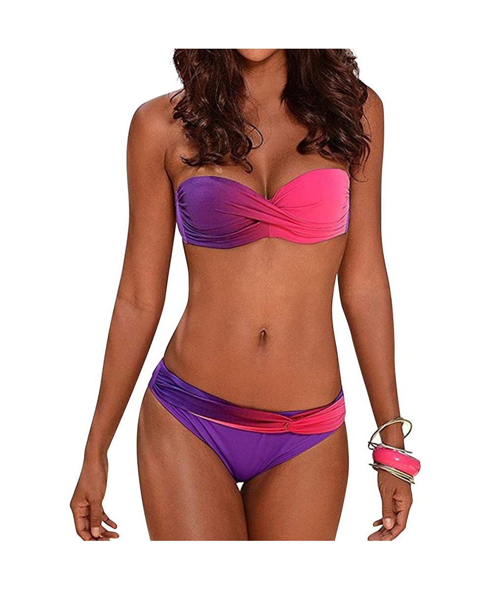 Sets Women Sexy Bikini Two Pieces Swimsuits Strapless Printed Swimwear - Purple1 - C118ND8XUNK