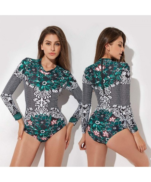 One-Pieces Women's Rash Guard Long Sleeves One Piece Swimsuit Surfing Swimwear Zip Bathing Suit - Green Floral - C118TDANGLL