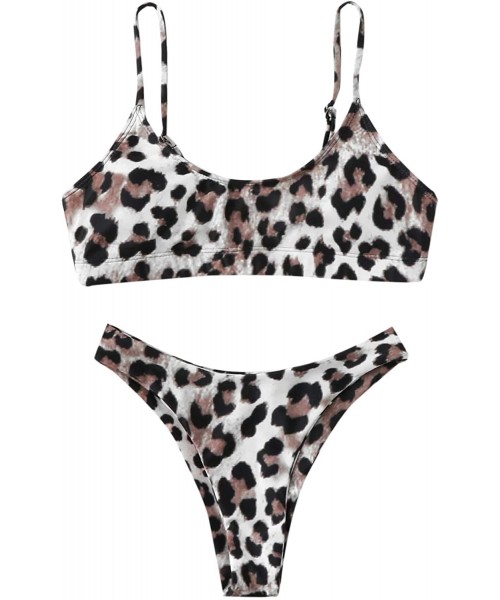 Sets Women's Bathing Suits Spaghetti Strap Leopard Print Thong Bikini Swimwear Set - Leopard - CF18NGUAY9C