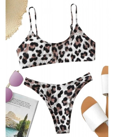 Sets Women's Bathing Suits Spaghetti Strap Leopard Print Thong Bikini Swimwear Set - Leopard - CF18NGUAY9C