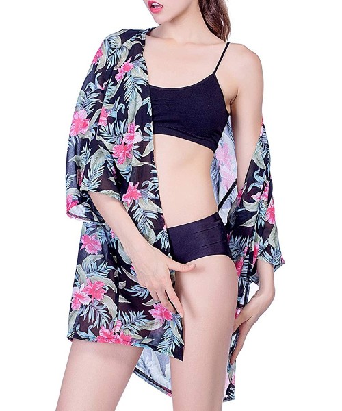 Cover-Ups Floral Kimono Print Cardigen Cover Up Loose Chiffon Tops for Women's Summer Beach Outwear - Black - CF1908LL8RD