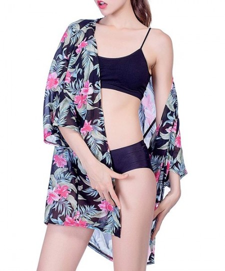 Cover-Ups Floral Kimono Print Cardigen Cover Up Loose Chiffon Tops for Women's Summer Beach Outwear - Black - CF1908LL8RD