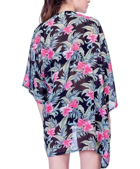 Cover-Ups Floral Kimono Print Cardigen Cover Up Loose Chiffon Tops for Women's Summer Beach Outwear - Black - CF1908LL8RD