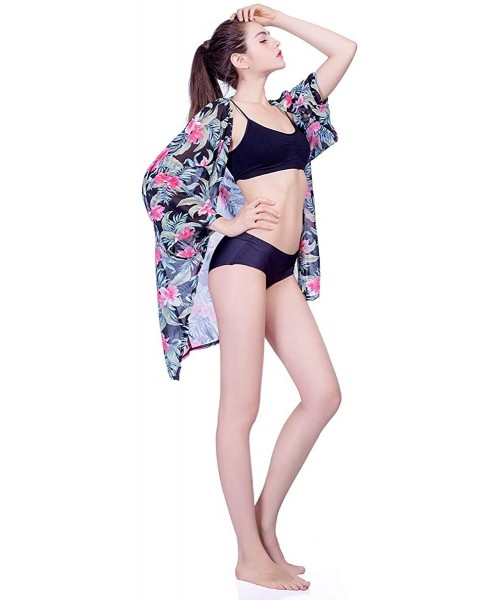 Cover-Ups Floral Kimono Print Cardigen Cover Up Loose Chiffon Tops for Women's Summer Beach Outwear - Black - CF1908LL8RD