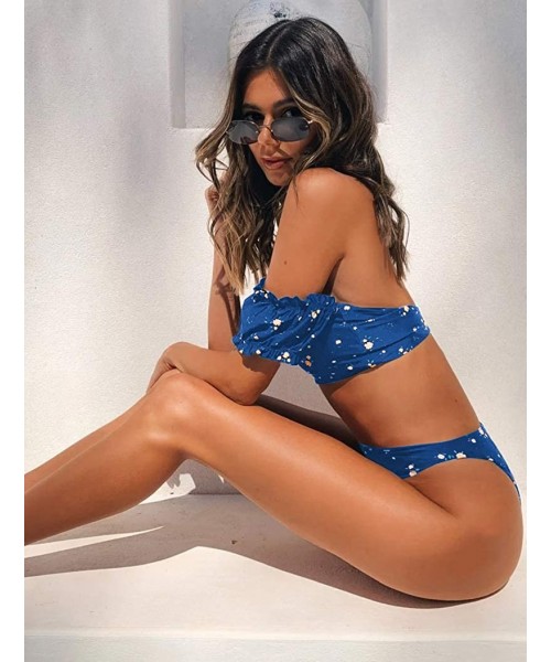 Sets Womens Floral Print Swimsuit Off Shoulder Ruffled Summer Sexy Bikini Two Piece Set - Blue - CH18ALLI2H0