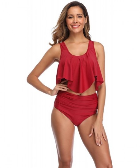 Tankinis Women's High Waisted Swimsuit- Two Piece Bikini- Tummy Control Ruffled Tankini- Bathing Suit Set Swimwear - 04red - ...