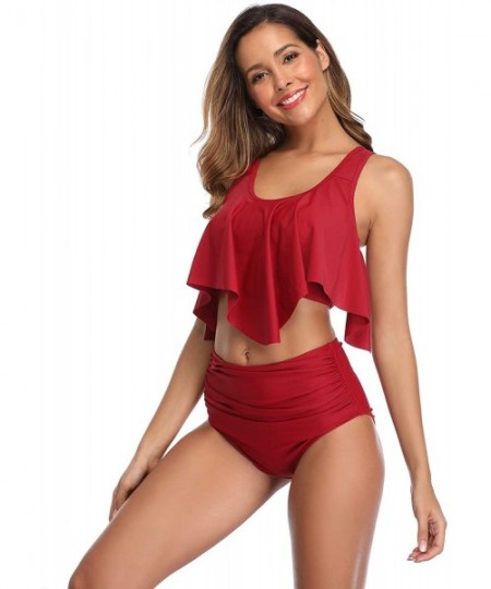 Tankinis Women's High Waisted Swimsuit- Two Piece Bikini- Tummy Control Ruffled Tankini- Bathing Suit Set Swimwear - 04red - ...