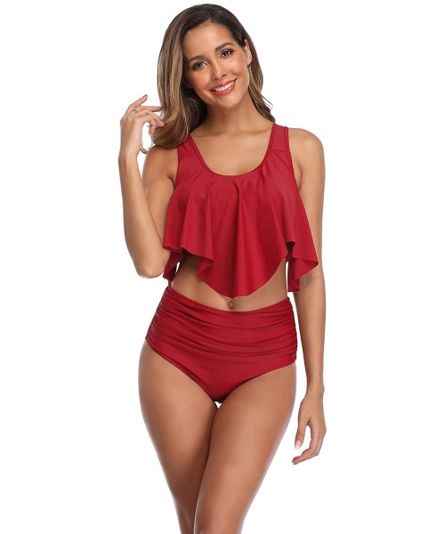 Tankinis Women's High Waisted Swimsuit- Two Piece Bikini- Tummy Control Ruffled Tankini- Bathing Suit Set Swimwear - 04red - ...