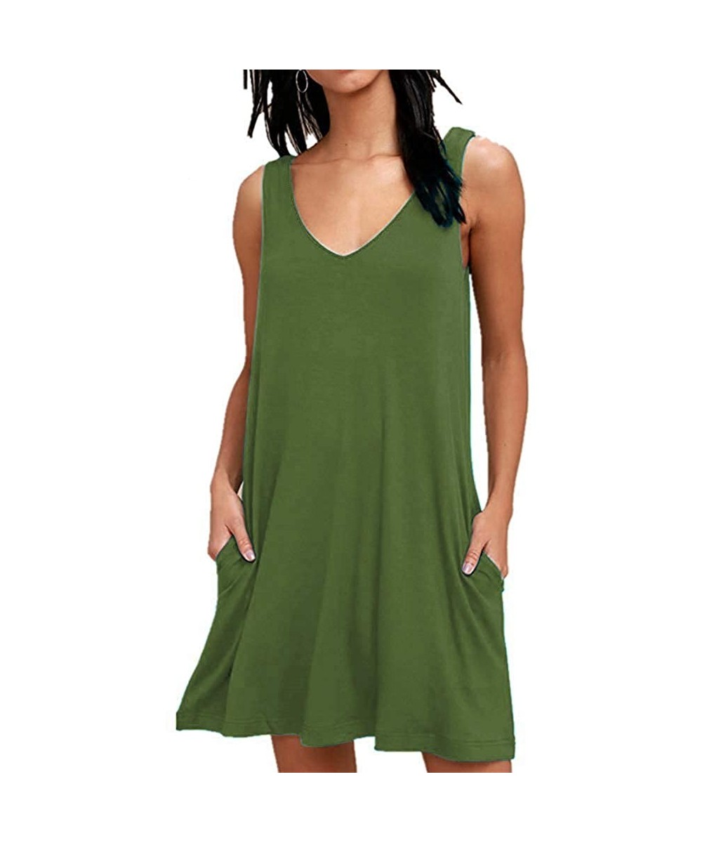 Cover-Ups Women's Summer Casual T Shirt Dresses Beach Cover up Plain Tank Dress with Pockets - Army Green - CT18RIAL8RQ