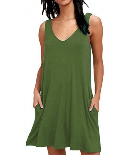 Cover-Ups Women's Summer Casual T Shirt Dresses Beach Cover up Plain Tank Dress with Pockets - Army Green - CT18RIAL8RQ