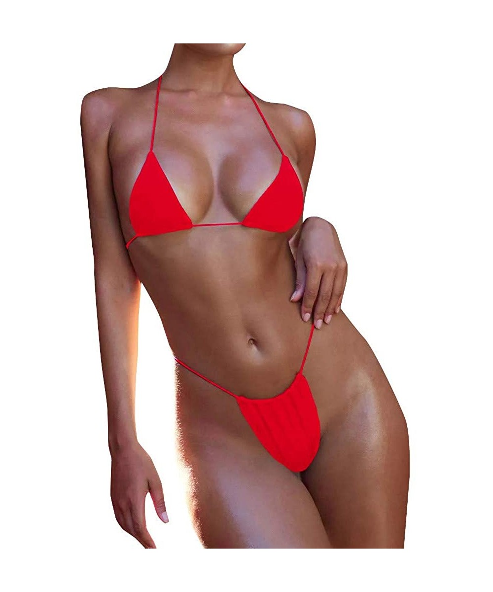 Sets Bikini Set Bandage Solid Brazilian Swimwear Two Pieces Swimsuit Padded Thong Bathing Suits - Red - CU193NNU4HU