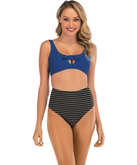 Sets Women's Striped High Waist Front Bow Knotted Cut Out Bikini Sets - Deep Blue - C519737KM54