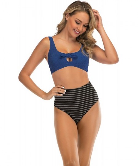 Sets Women's Striped High Waist Front Bow Knotted Cut Out Bikini Sets - Deep Blue - C519737KM54