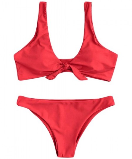 Sets Two Piece Front Knot Bikini Brazilian Swimsuit Solid Color - Red - CI18CIMOSIH