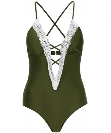 One-Pieces Women Sexy One-Piece Deep V Neck Lace Trim Halter Neck Monokini Swimsuit Bathing Suit Beachwear - Army Green - CD1...