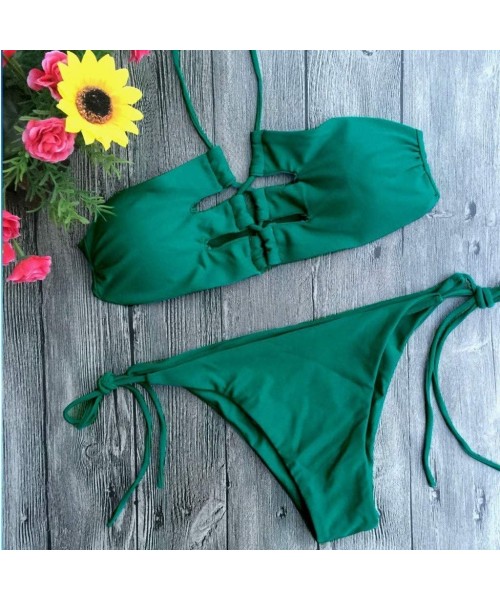 Sets Solid Color Cut Brazilian Bikini 2 Piece for Women Halter Strap Hollow Backless Swimsuit Summer Sexy Beachwear Green - C...