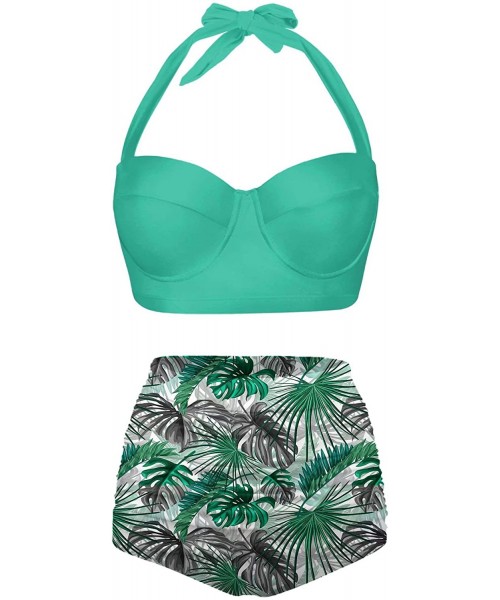 Sets Womens Halter Retro Tropical Leaves Summer Pattern SwimsuitsTwo Piece High Waisted Bikini - Green Mint - CM196N6S66S