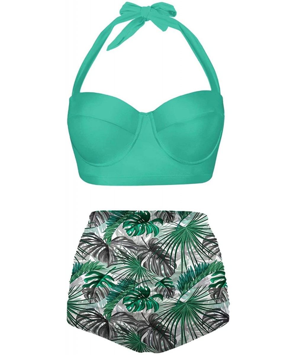 Sets Womens Halter Retro Tropical Leaves Summer Pattern SwimsuitsTwo Piece High Waisted Bikini - Green Mint - CM196N6S66S